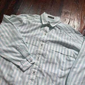 Vintage John Henry Shirt Mens Large White Blue Stripes Metal Snap Camp HONG KONG